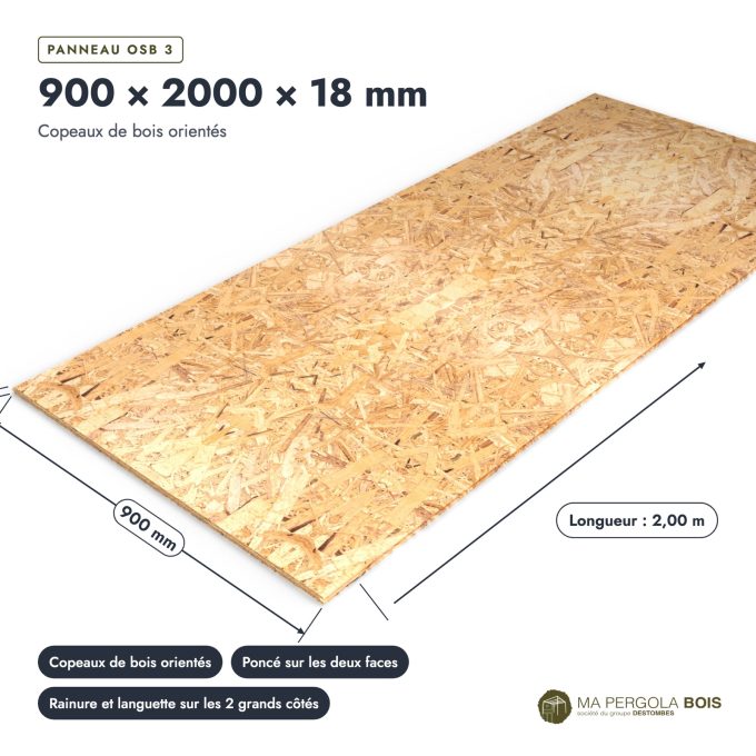 OSB poncé 900x2000 de 18 mm, rainure et languette, sans usinage : pièce cotée et longueurs