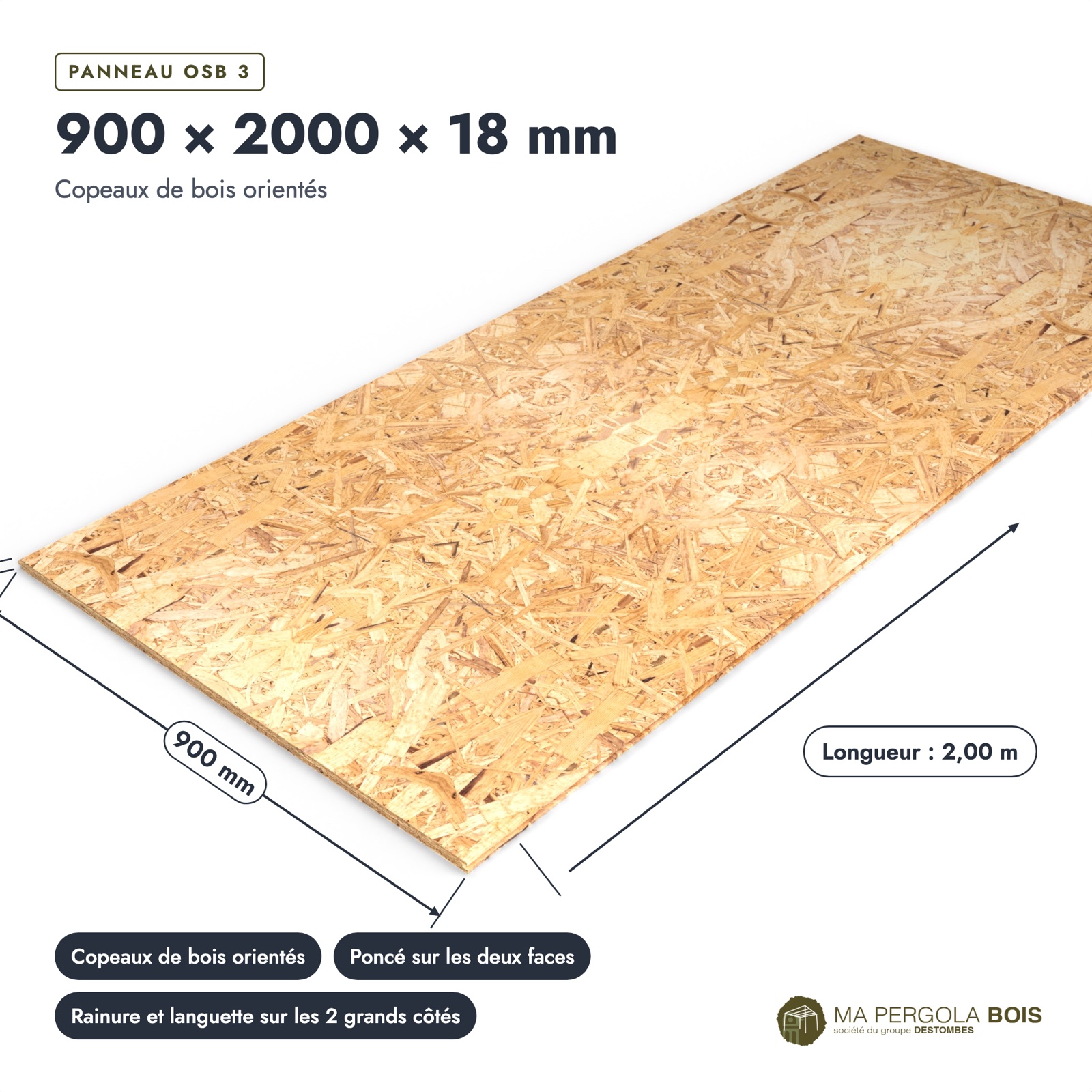 OSB poncé 900x2000 de 18 mm, rainure et languette, sans usinage : pièce cotée et longueurs