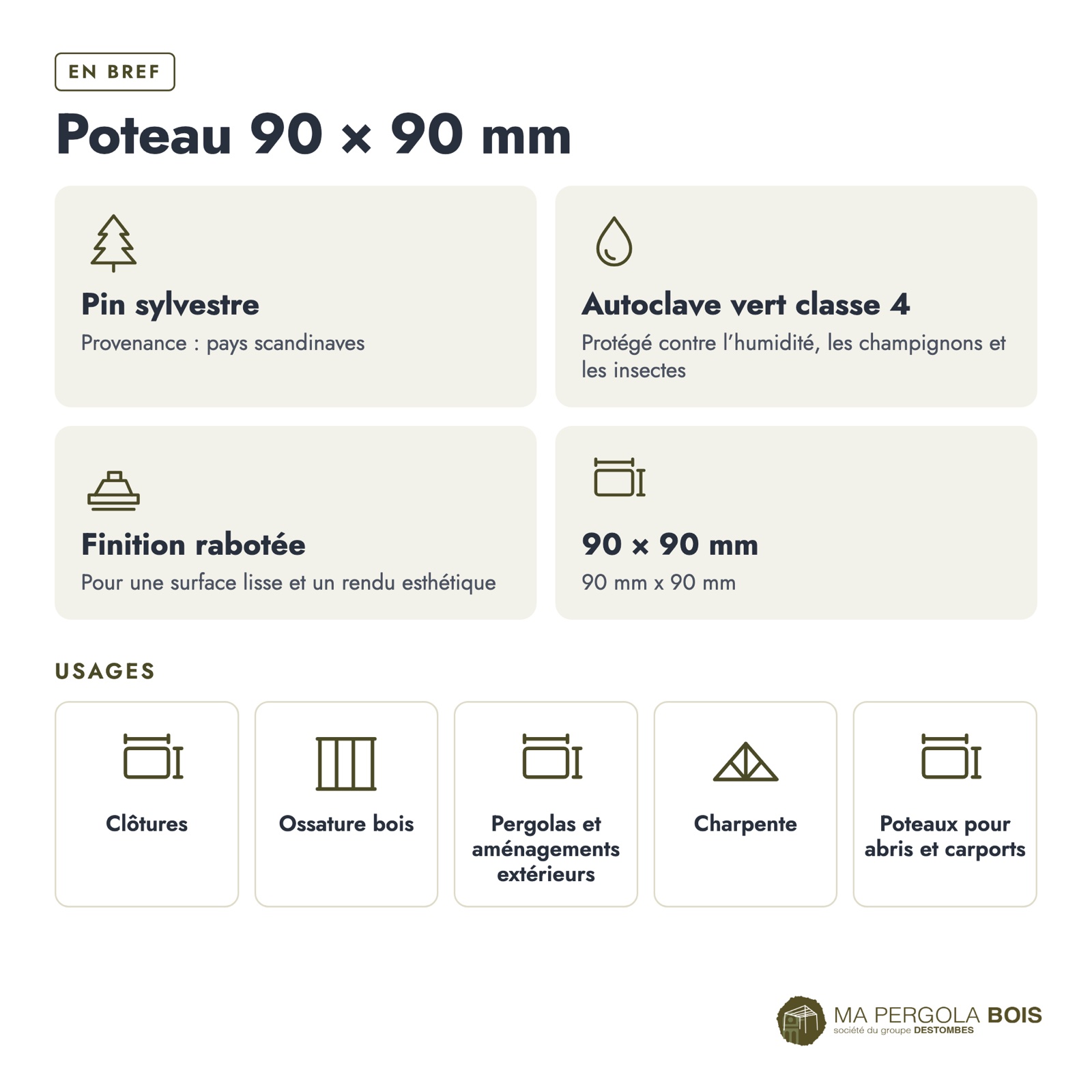 Poteau bois 90x90 standard sans usinage, pin autoclave : caractéristiques