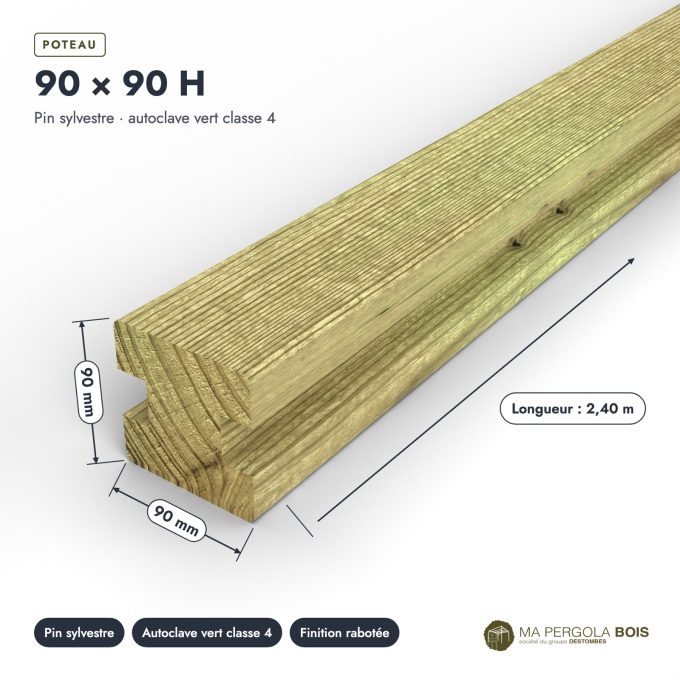 Poteau 90x90 profil H rainuré, pin autoclave vert, sans usinage : pièce cotée et longueurs