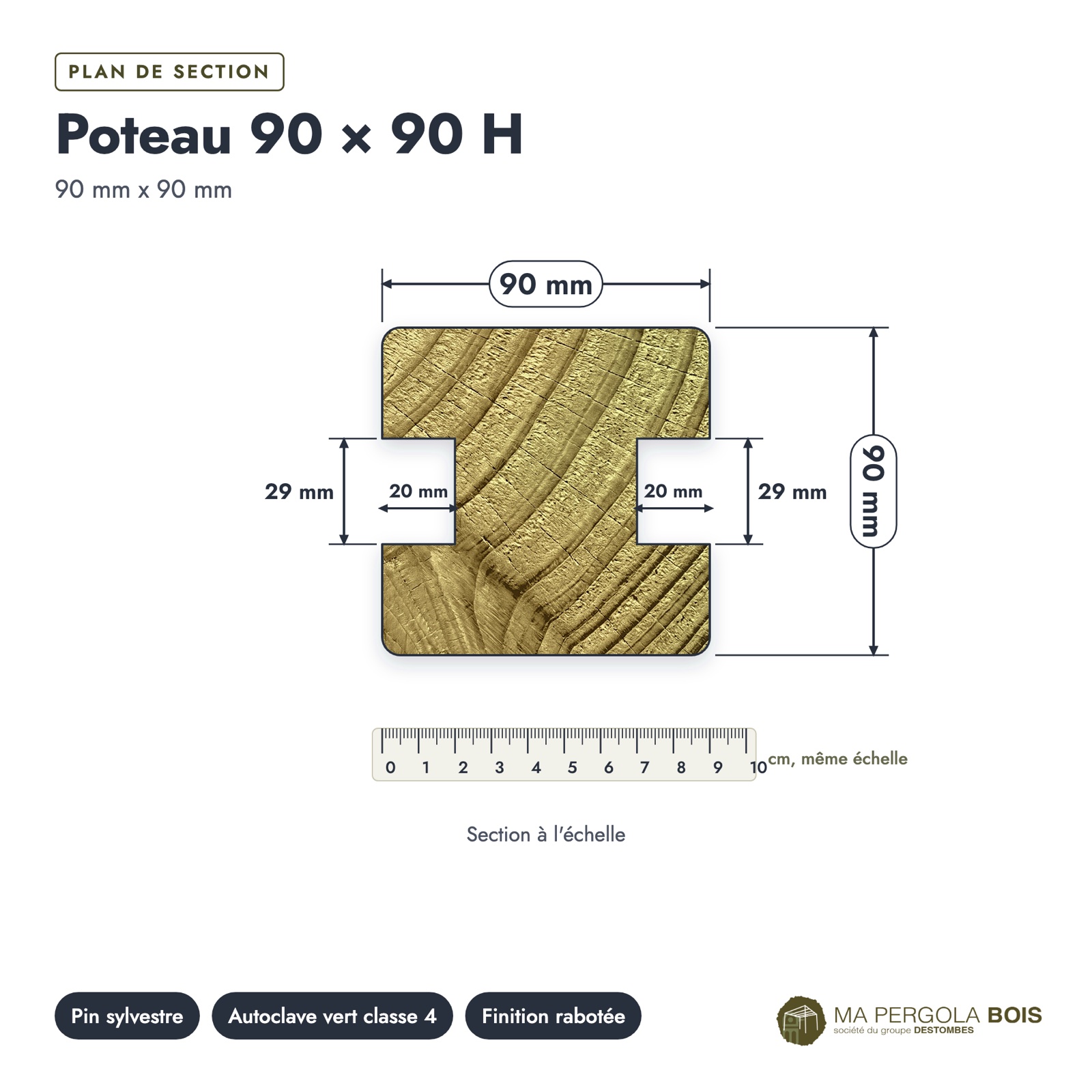 Poteau 90x90 profil H rainuré, pin autoclave vert, sans usinage : plan de section coté
