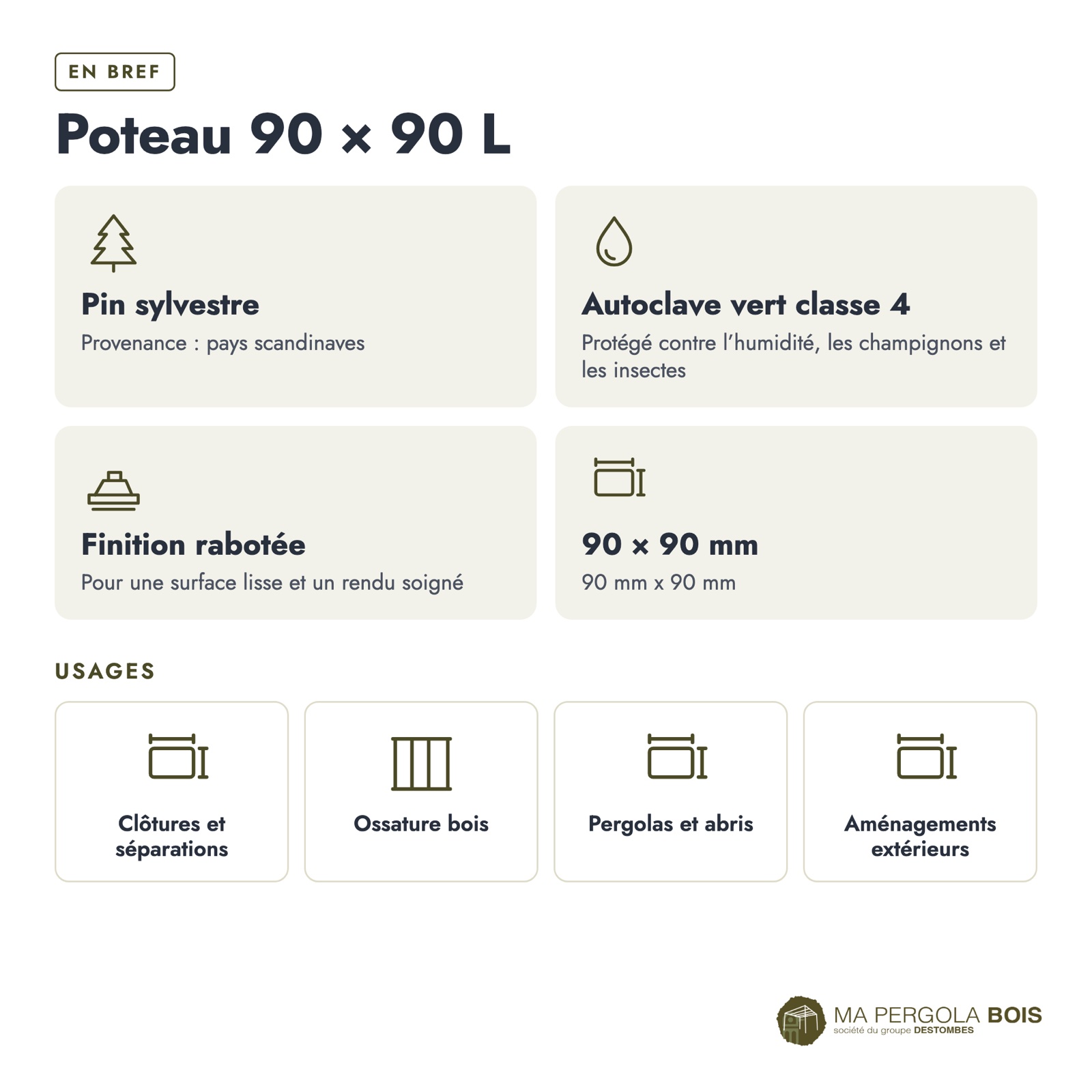 Poteau 90x90 profil L rainuré pour angle, pin autoclave vert, sans usinage : caractéristiques