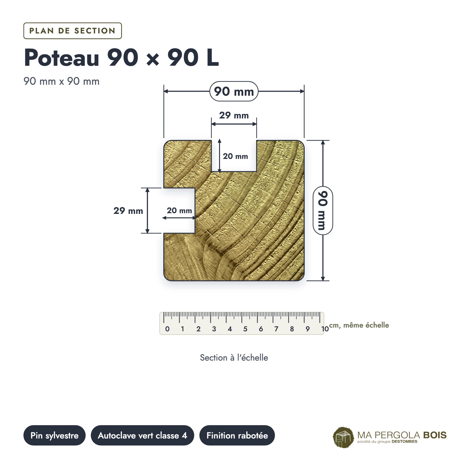 Poteau 90x90 profil L rainuré pour angle, pin autoclave vert, sans usinage : plan de section coté