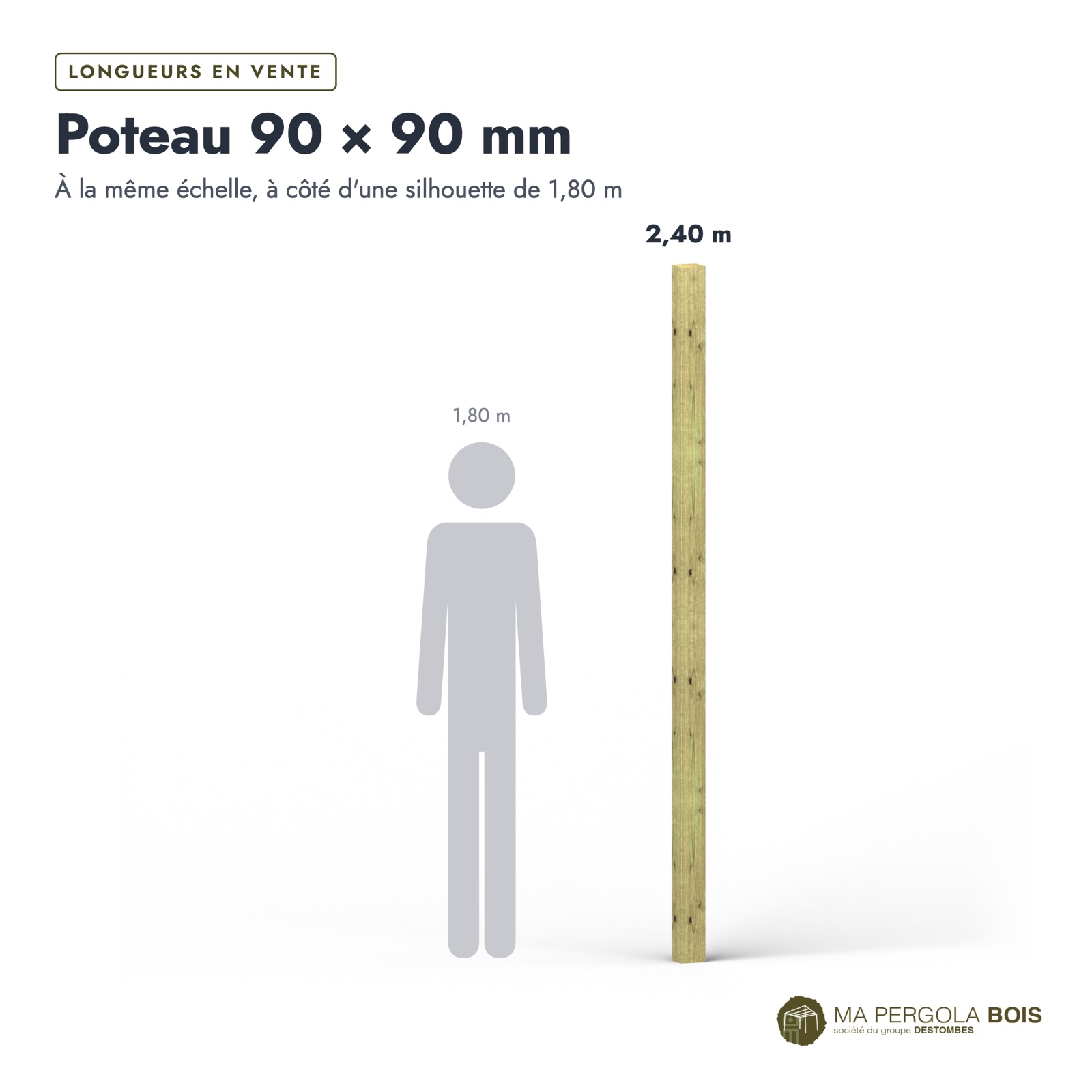 Poteau bois 90x90 standard sans usinage, pin autoclave : longueurs à l’échelle