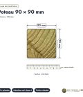 Poteau bois 90x90 standard sans usinage, pin autoclave : plan de section coté