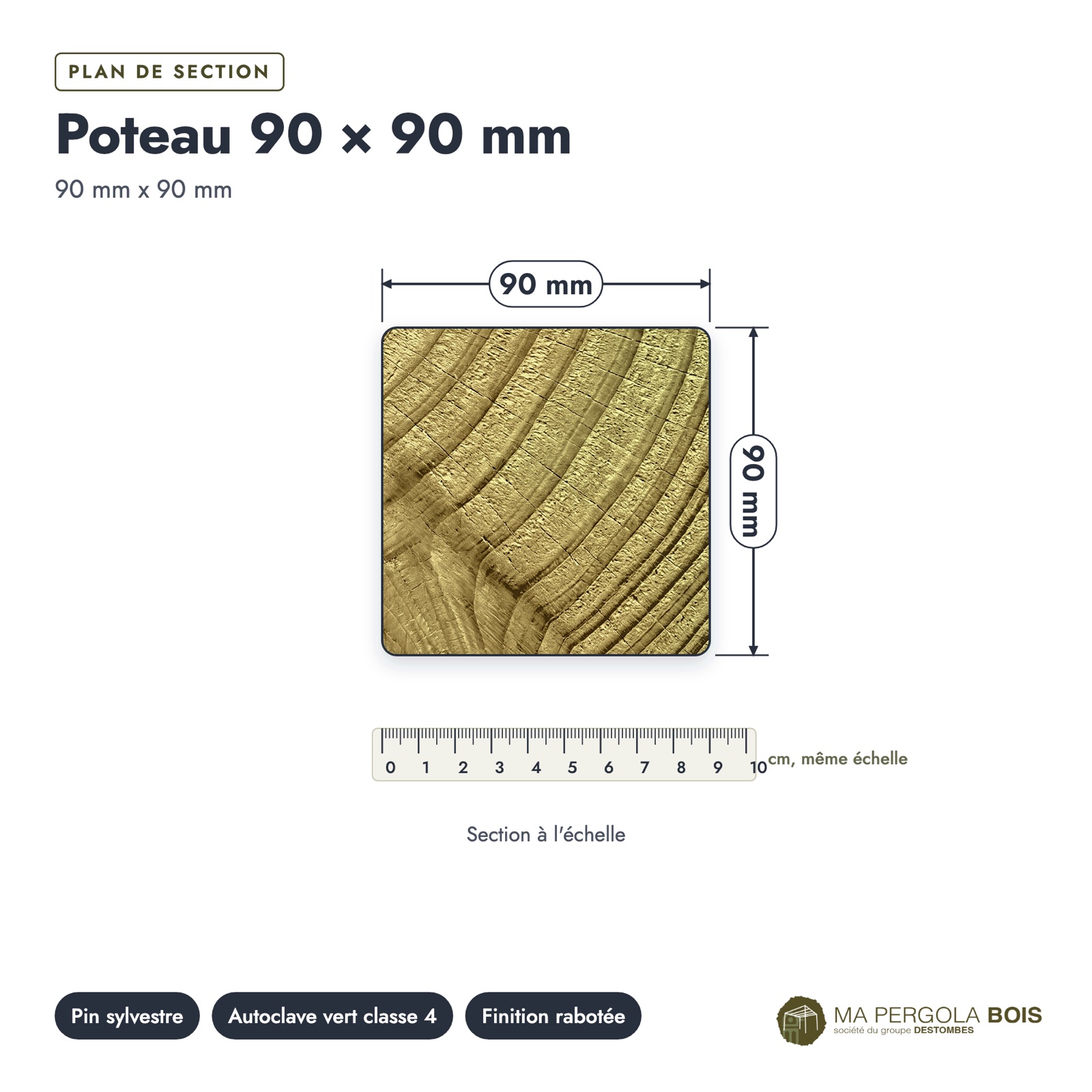 Poteau bois 90x90 standard sans usinage, pin autoclave : plan de section coté