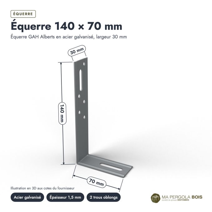 Équerre galvanisée 140x70, largeur 30 mm, acier de 1,5 mm, à l'unité : piece cotee
