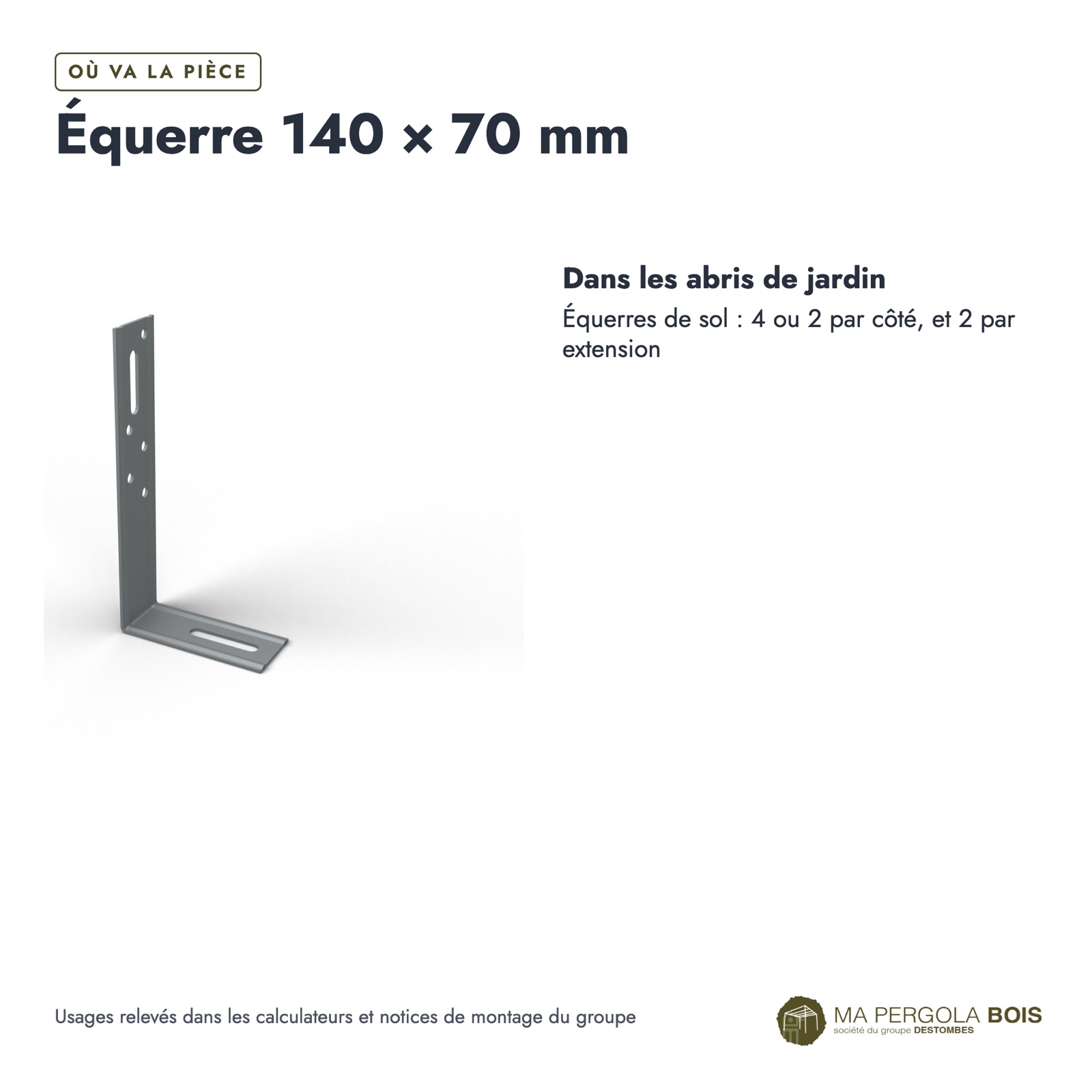 Équerre galvanisée 140x70, largeur 30 mm, acier de 1,5 mm, à l'unité : usages