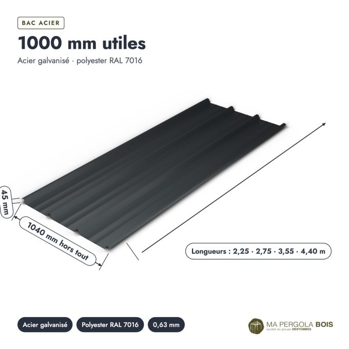 Bac acier anthracite 63/100 pour carport et pergola : pièce cotée et longueurs