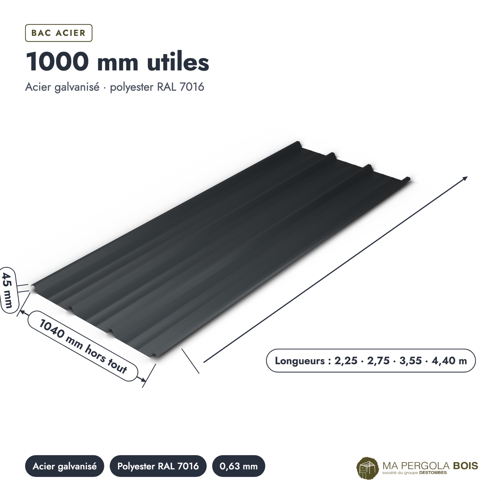 Bac acier anthracite 63/100 pour carport et pergola : pièce cotée et longueurs
