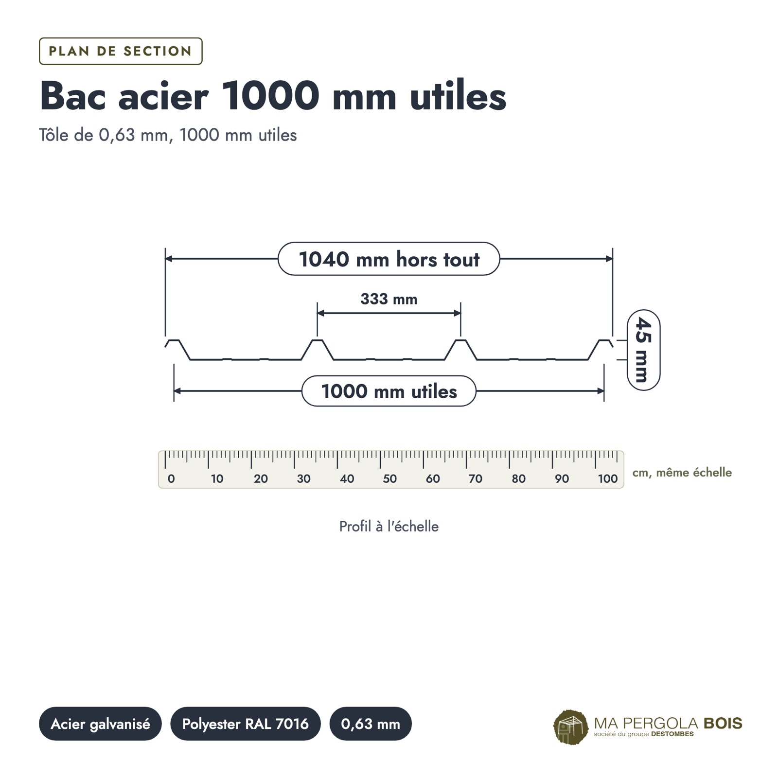 Bac acier anthracite 63/100 pour carport et pergola : plan de section coté