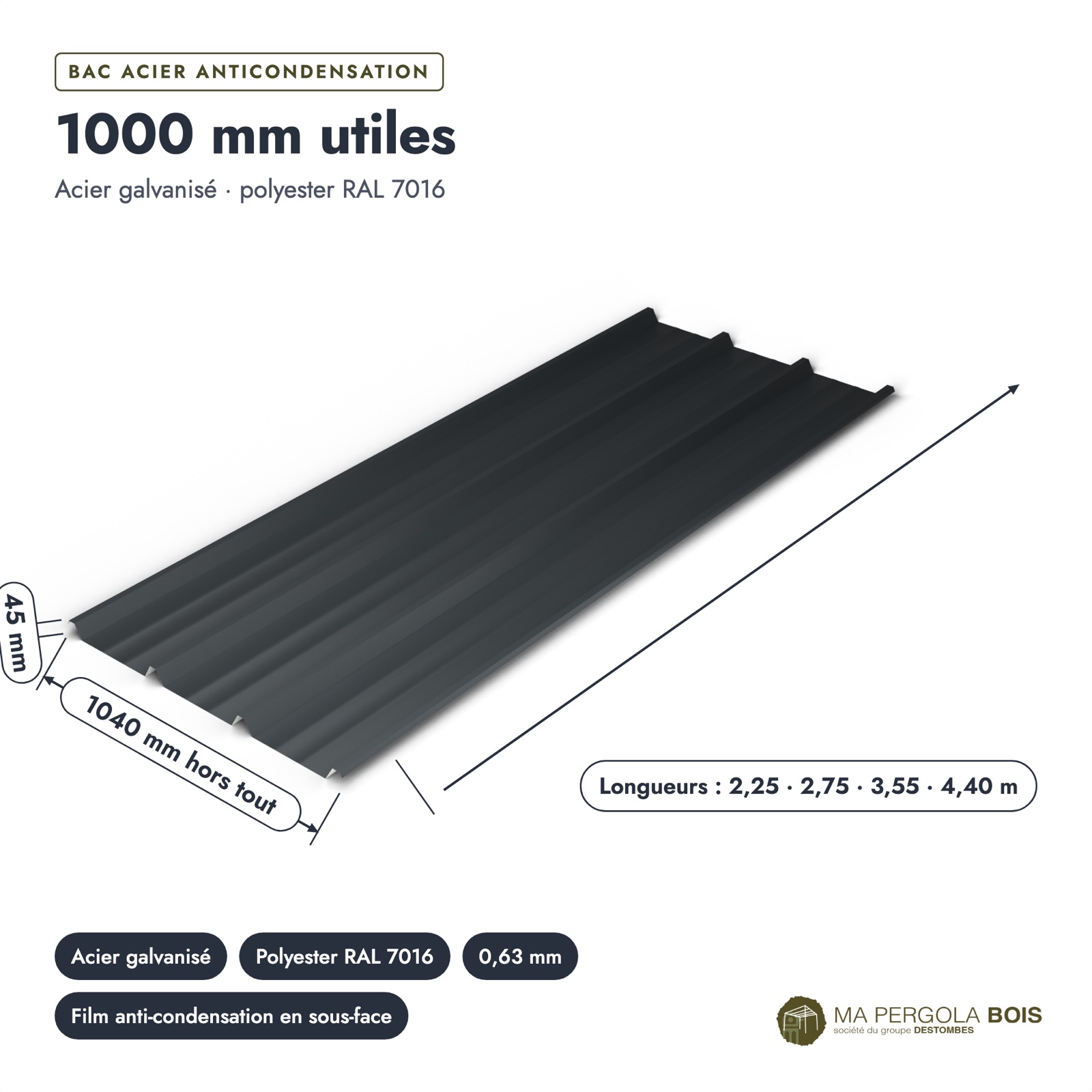 Bac acier anti-condensation anthracite pour carport : pièce cotée et longueurs