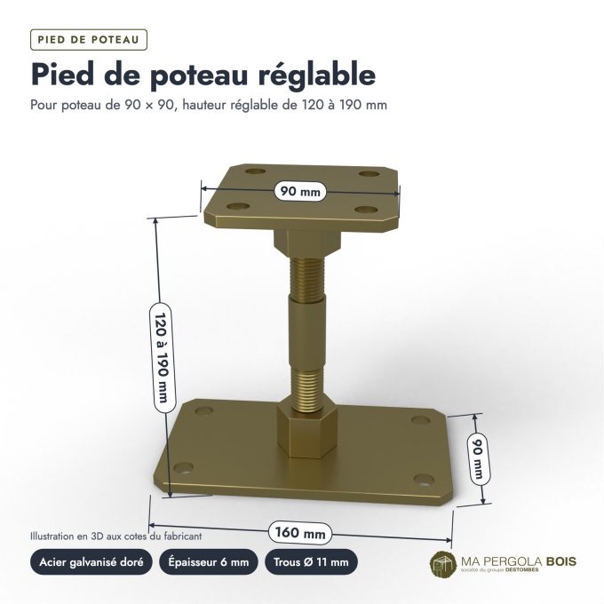 Pied de poteau réglable Brekar : piece cotee