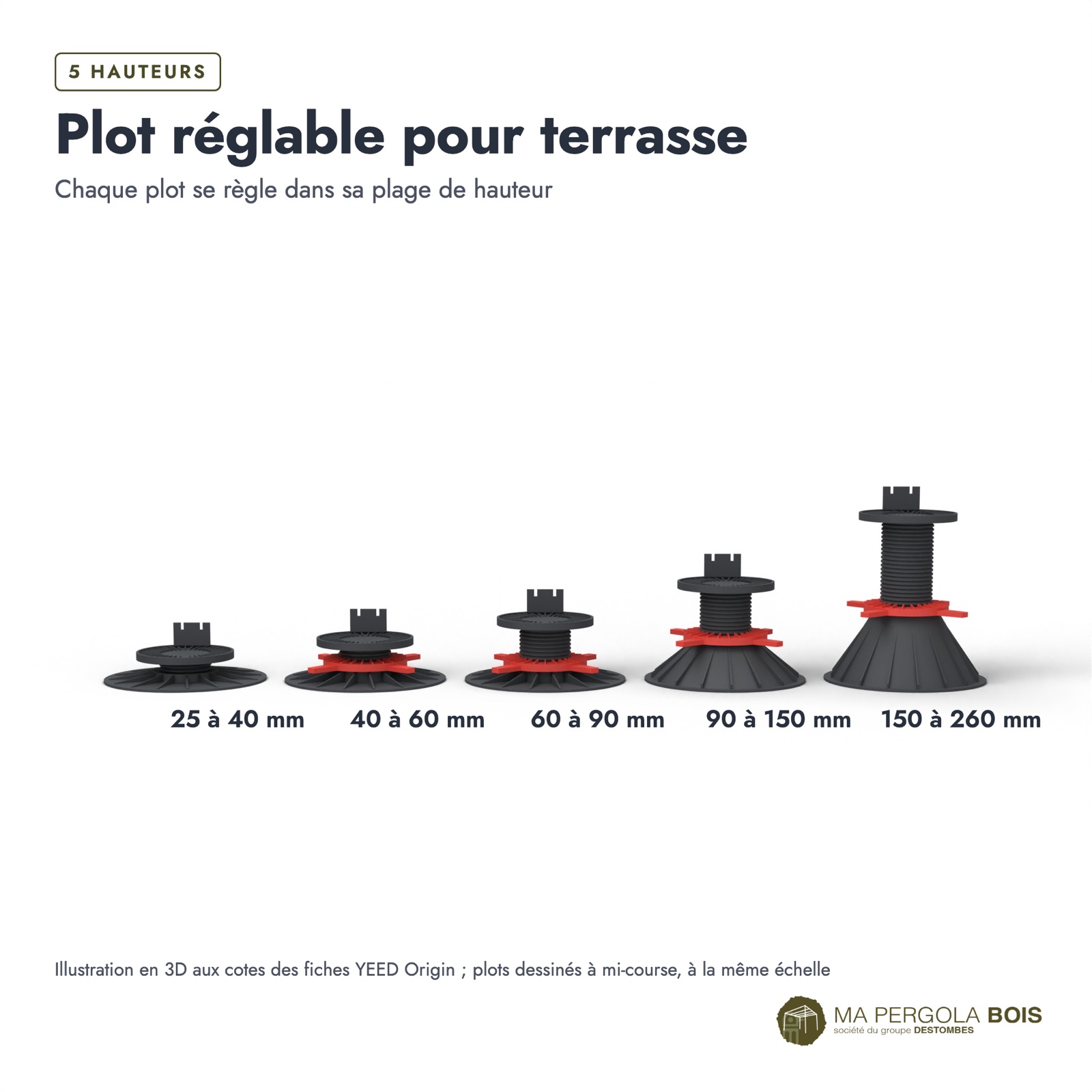 Plot réglable terrasse YEED, cinq hauteurs de 25 à 260 mm, à l'unité : boite ou ensemble