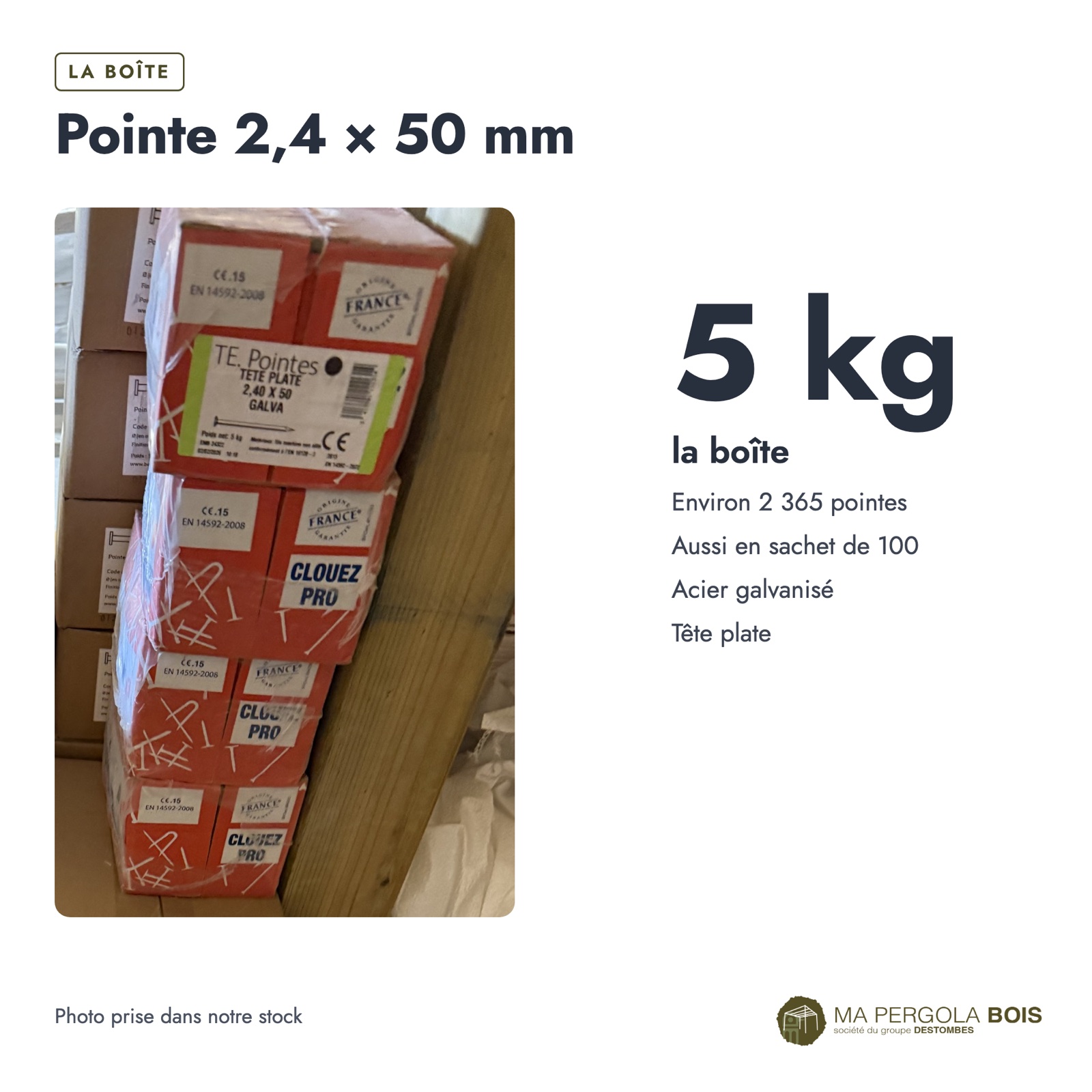 Pointes galvanisées 2,4x50 à tête plate, boîte de 5 kg ou sachet de 100 : boite ou ensemble