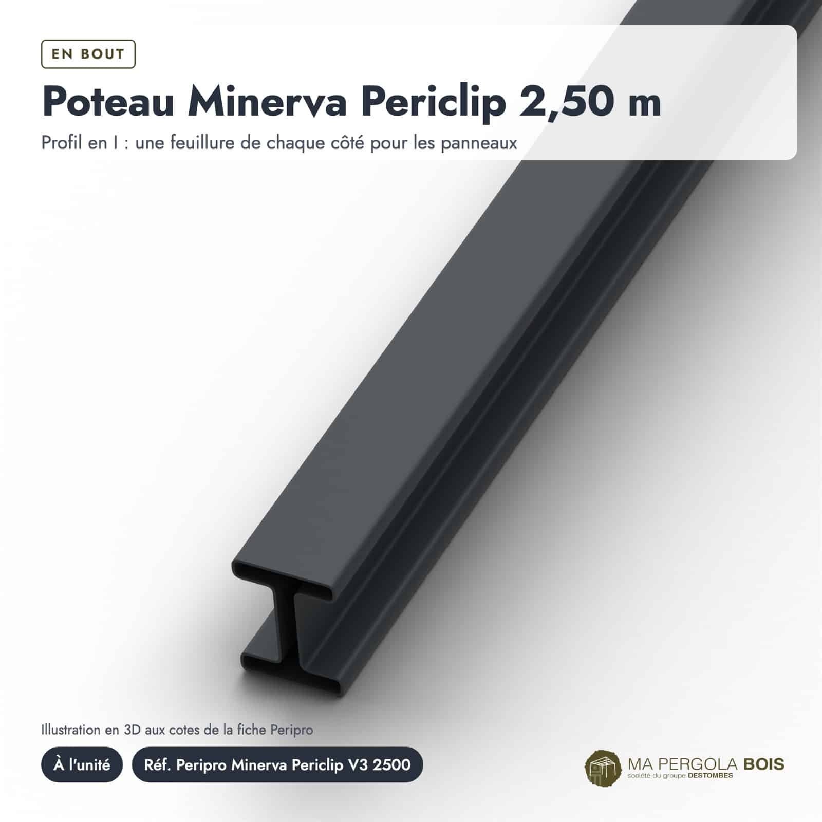 Poteau acier 68x52 à feuillures, 2,50 m, RAL 7016 (Peripro Minerva Periclip) : boite ou ensemble