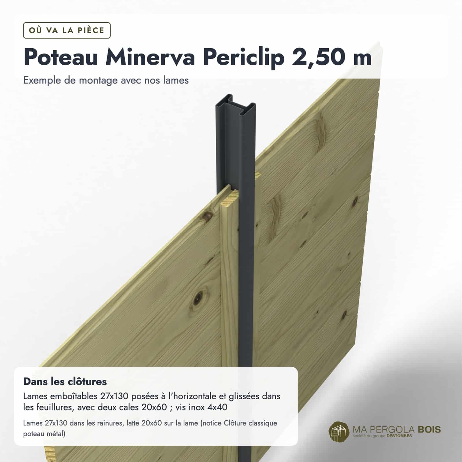 Poteau acier 68x52 à feuillures, 2,50 m, RAL 7016 (Peripro Minerva Periclip) : usages