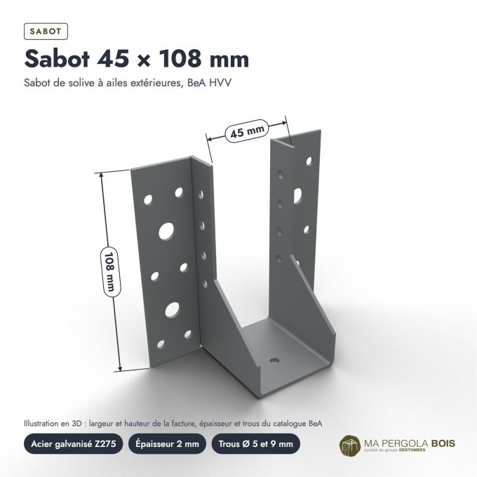 Sabot de charpente 45x108 à ailes extérieures, acier galvanisé, à l'unité : piece cotee