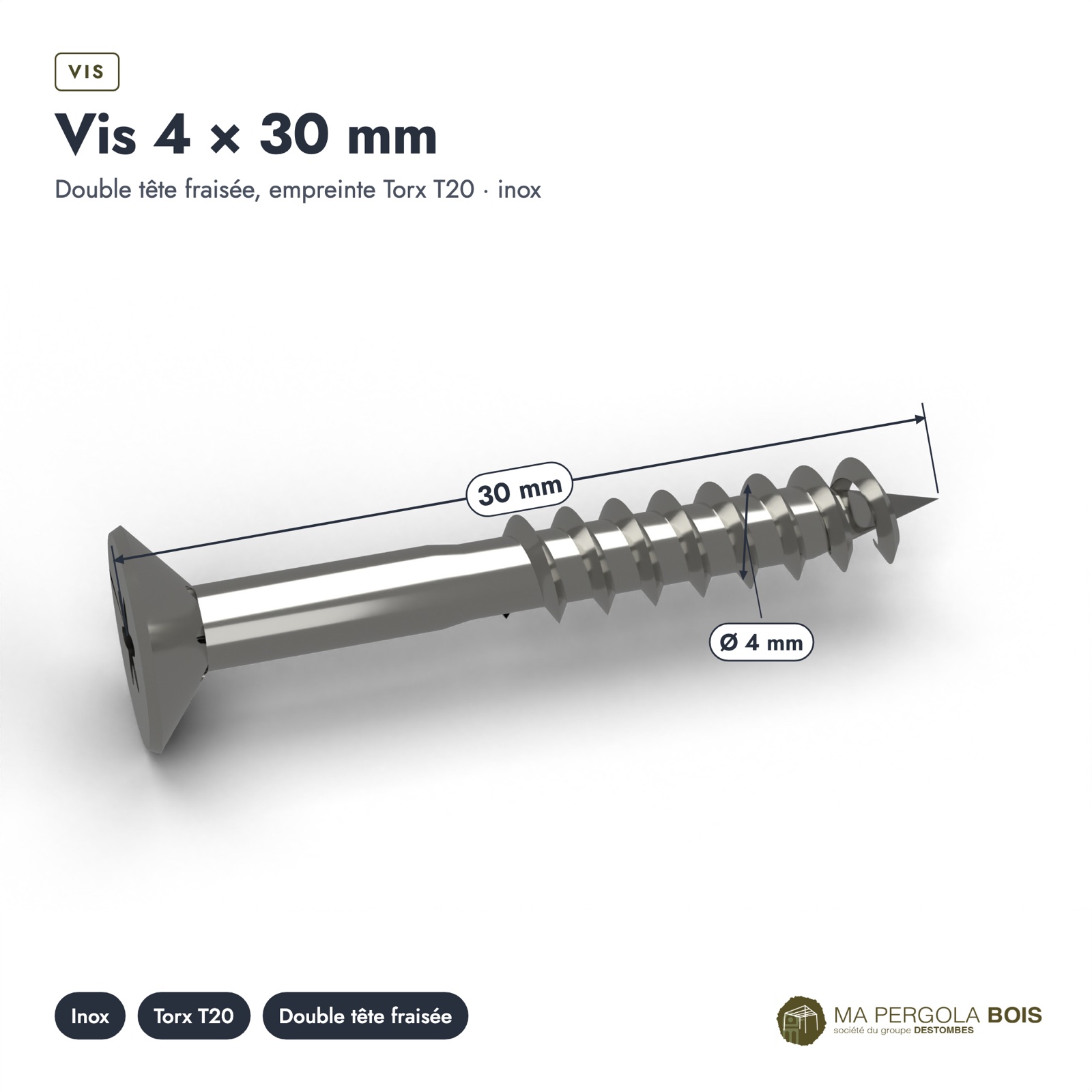 Vis inox pergola A2 à tête fraisée Torx, 4x30 à 5x100, boîte de 200 : piece cotee