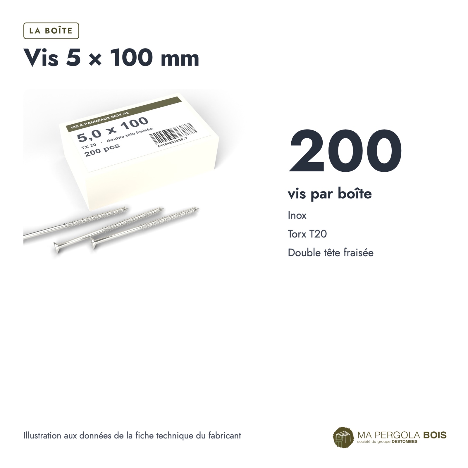 Vis inox pergola A2 à tête fraisée Torx, 4x30 à 5x100, boîte de 200 : boite ou ensemble