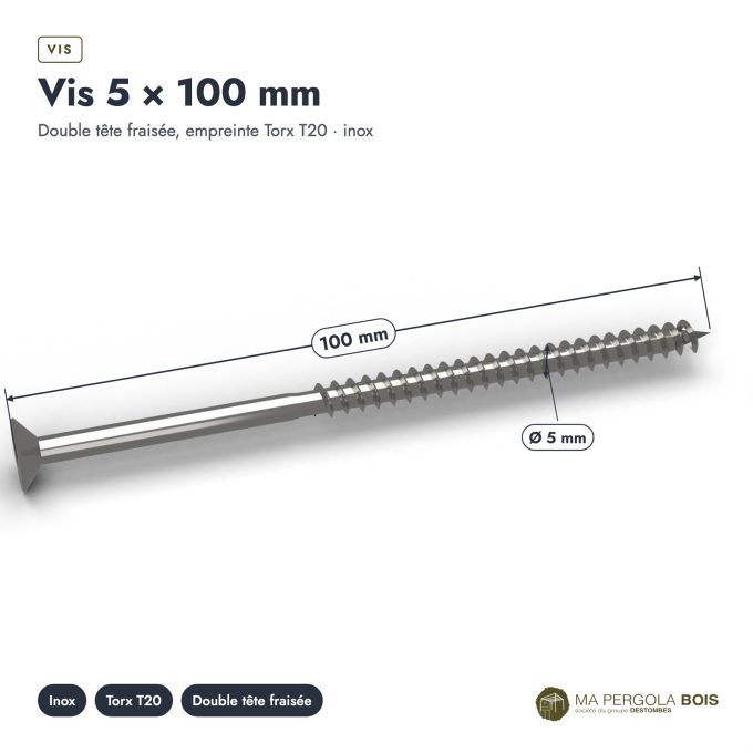 Vis inox pergola A2 à tête fraisée Torx, 4x30 à 5x100, boîte de 200 : piece cotee