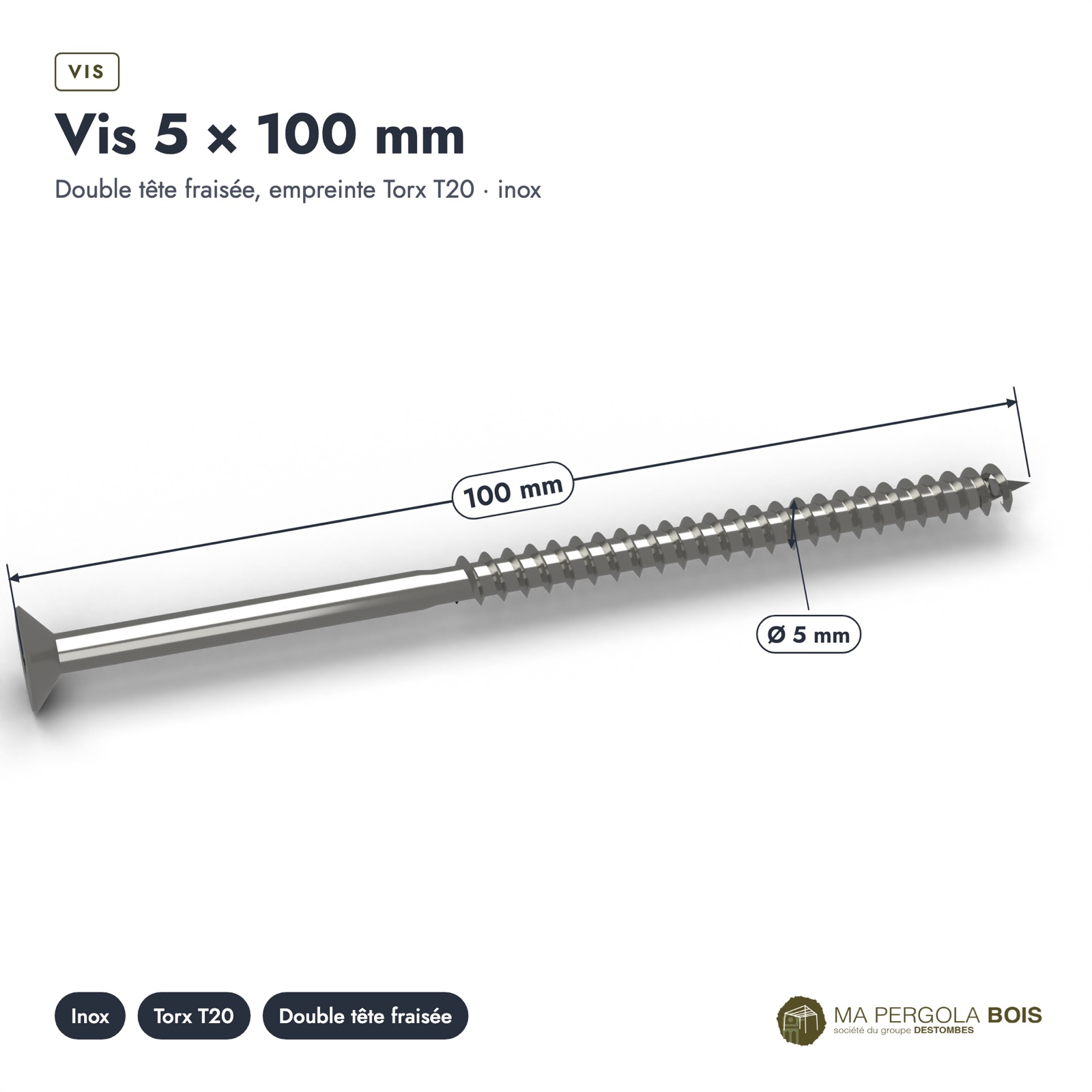 Vis inox pergola A2 à tête fraisée Torx, 4x30 à 5x100, boîte de 200 : piece cotee