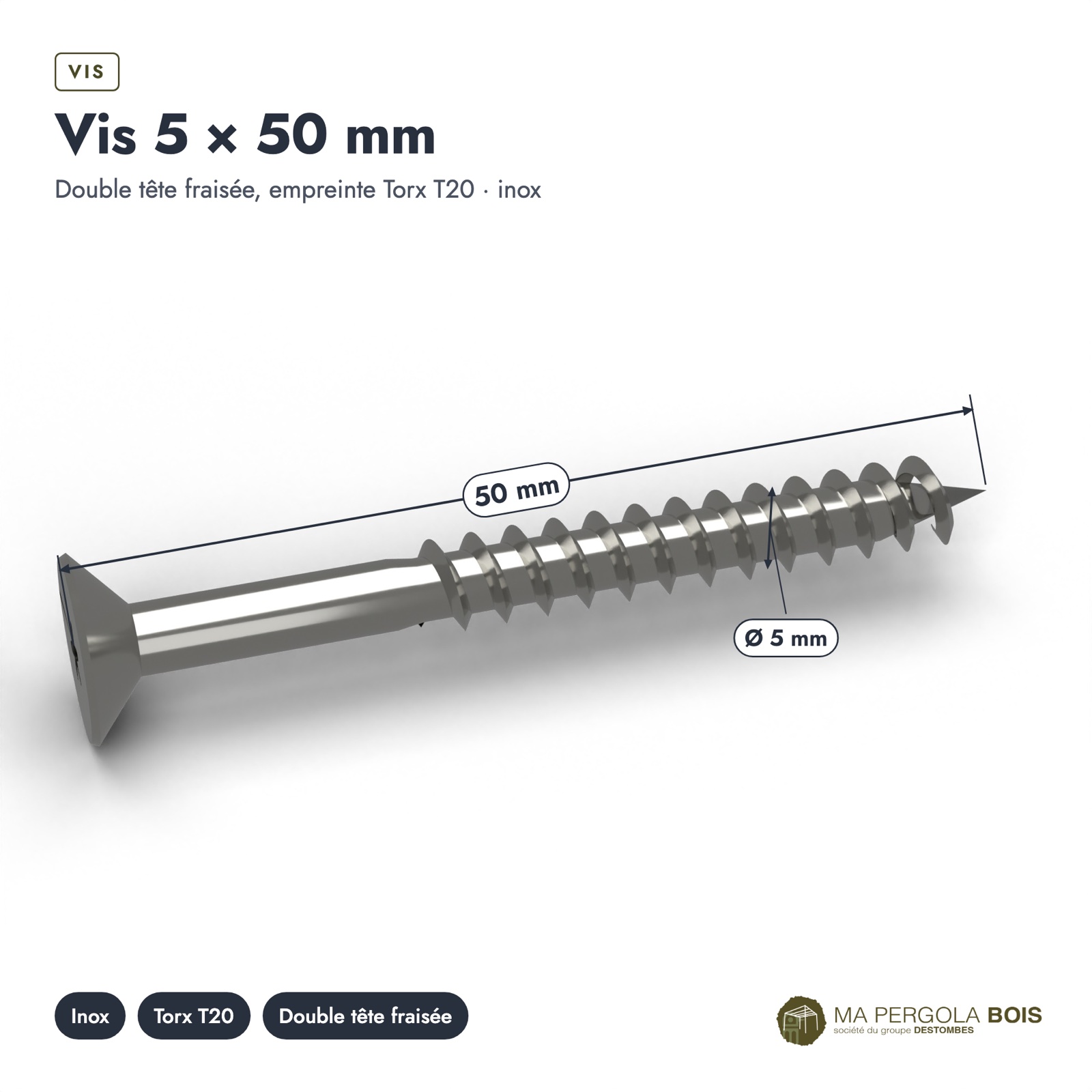Vis inox pergola A2 à tête fraisée Torx, 4x30 à 5x100, boîte de 200 : piece cotee