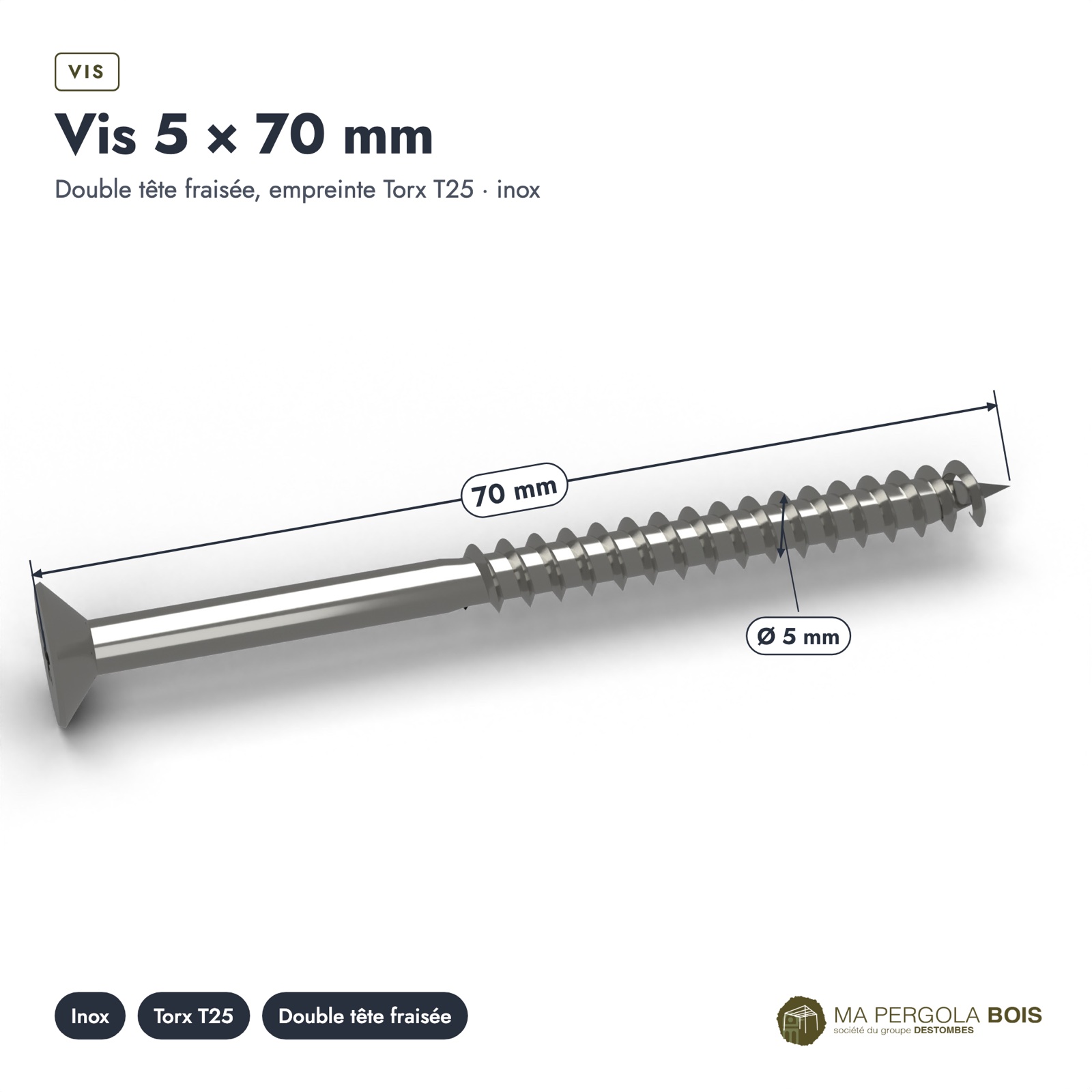 Vis inox pergola A2 à tête fraisée Torx, 4x30 à 5x100, boîte de 200 : piece cotee