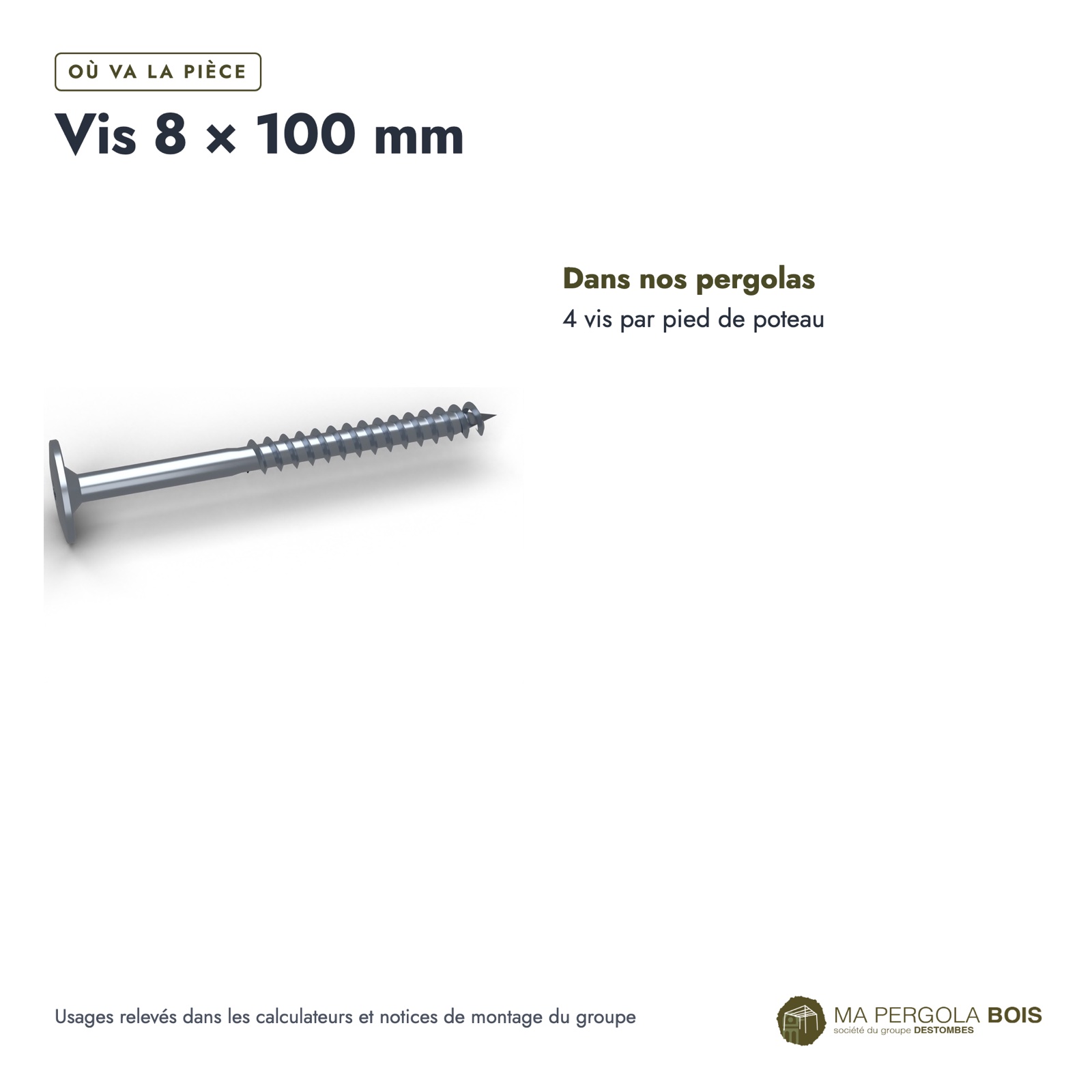 Vis pied de poteau 8x100 à tête large à embase, zinguée T40, boîte de 50 : usages