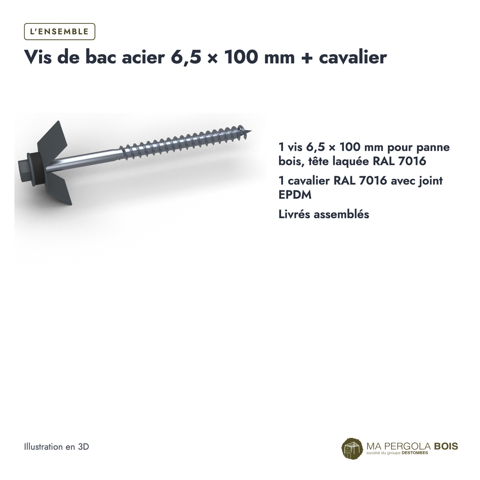 Vis bac acier carport 6,5x100 avec cavalier RAL 7016, à l'unité : boite ou ensemble