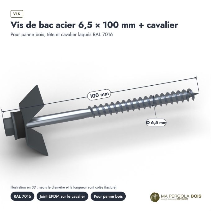 Vis bac acier carport 6,5x100 avec cavalier RAL 7016, à l'unité : piece cotee
