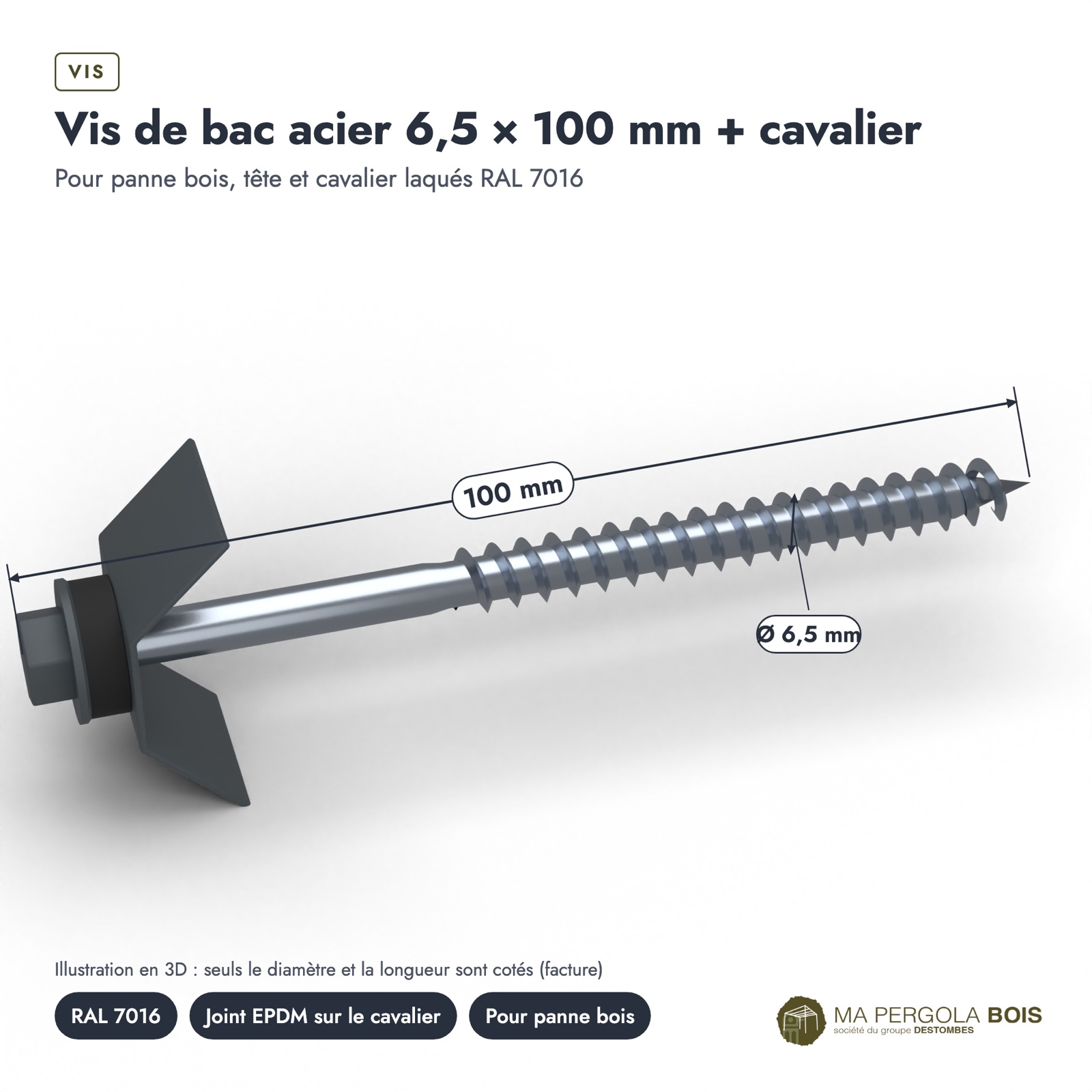 Vis bac acier carport 6,5x100 avec cavalier RAL 7016, à l'unité : piece cotee