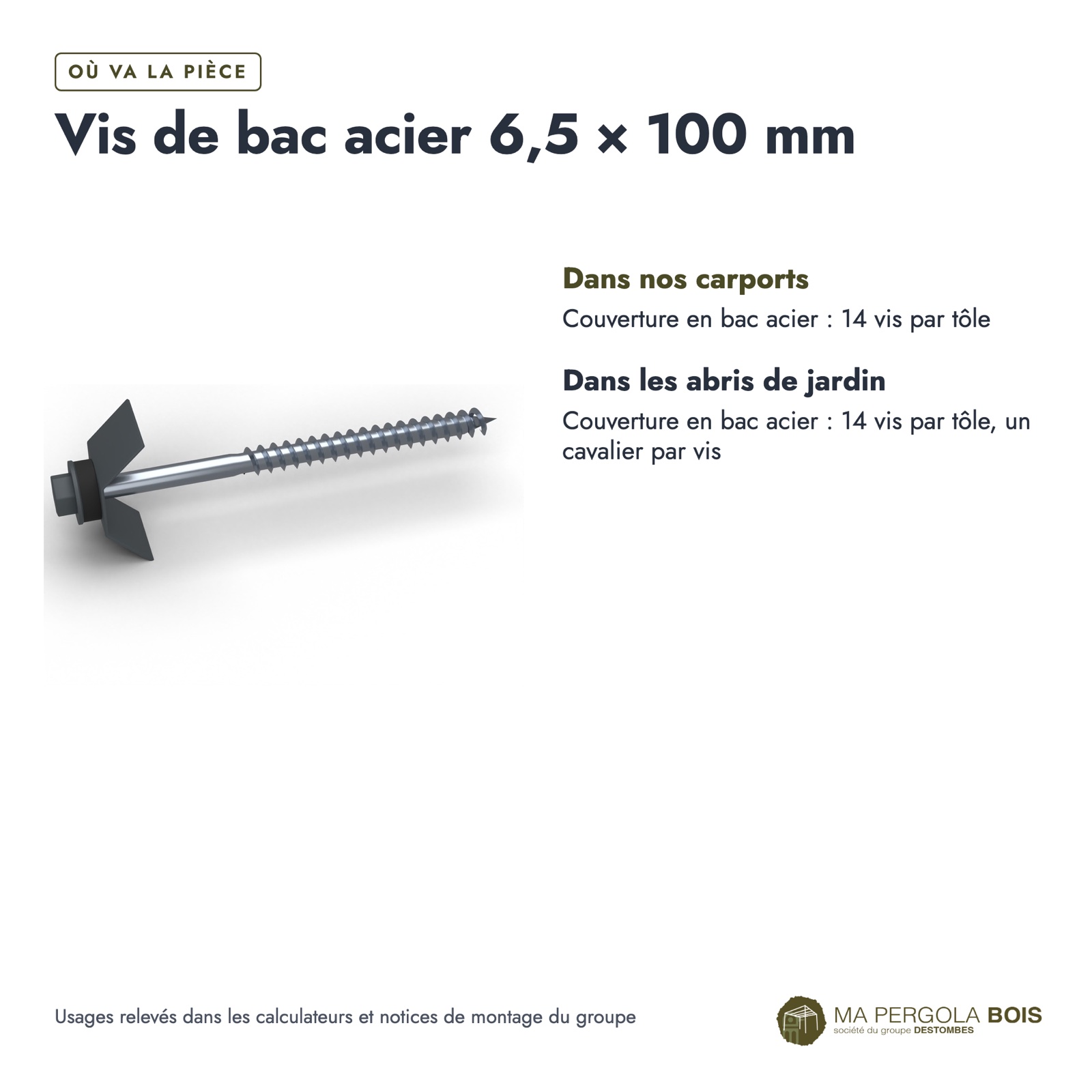 Vis bac acier carport 6,5x100 avec cavalier RAL 7016, à l'unité : usages
