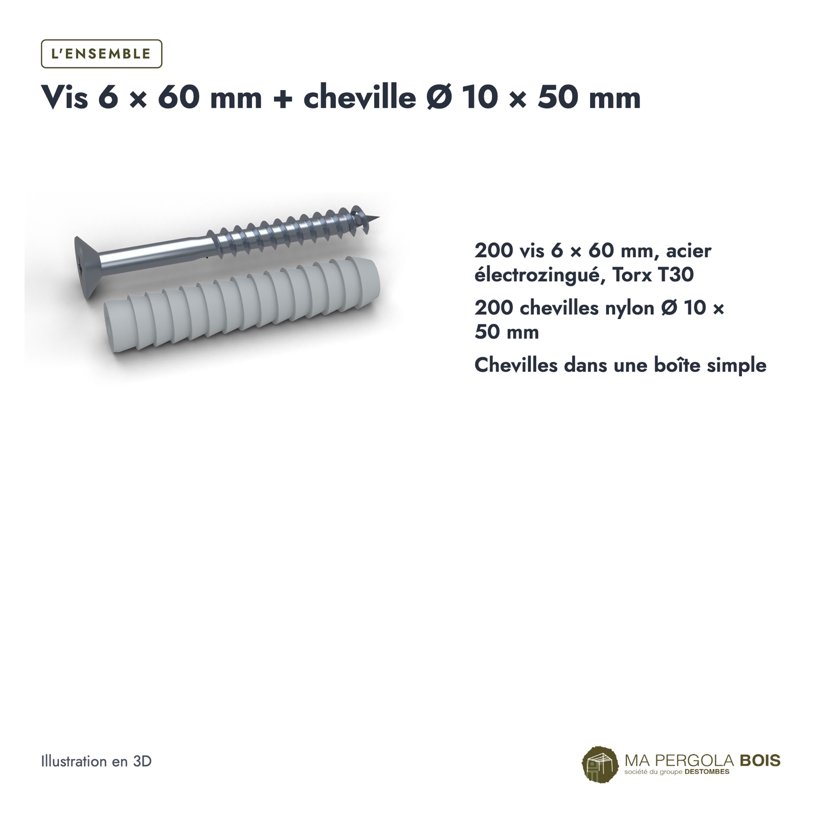 Vis et cheville béton 6x60, vis zinguée T30 et cheville Ø 10, boîte de 200 : boite ou ensemble