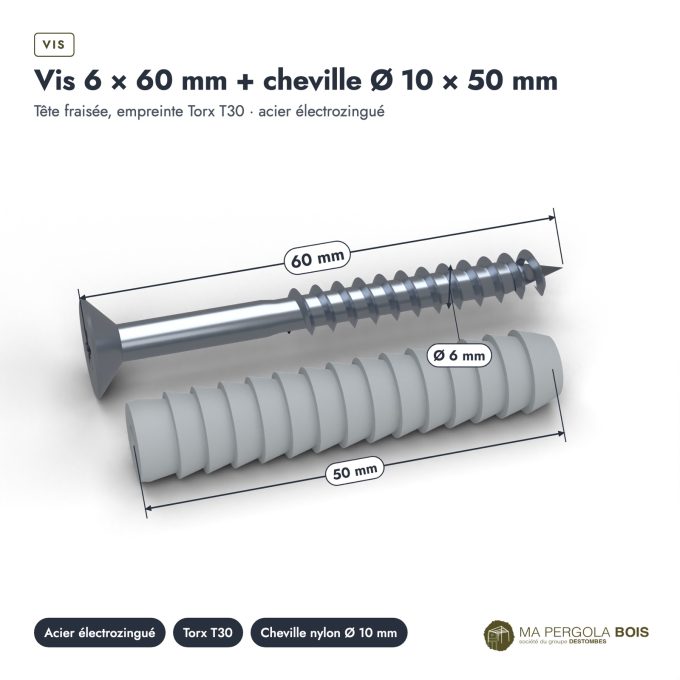 Vis et cheville béton 6x60, vis zinguée T30 et cheville Ø 10, boîte de 200 : piece cotee