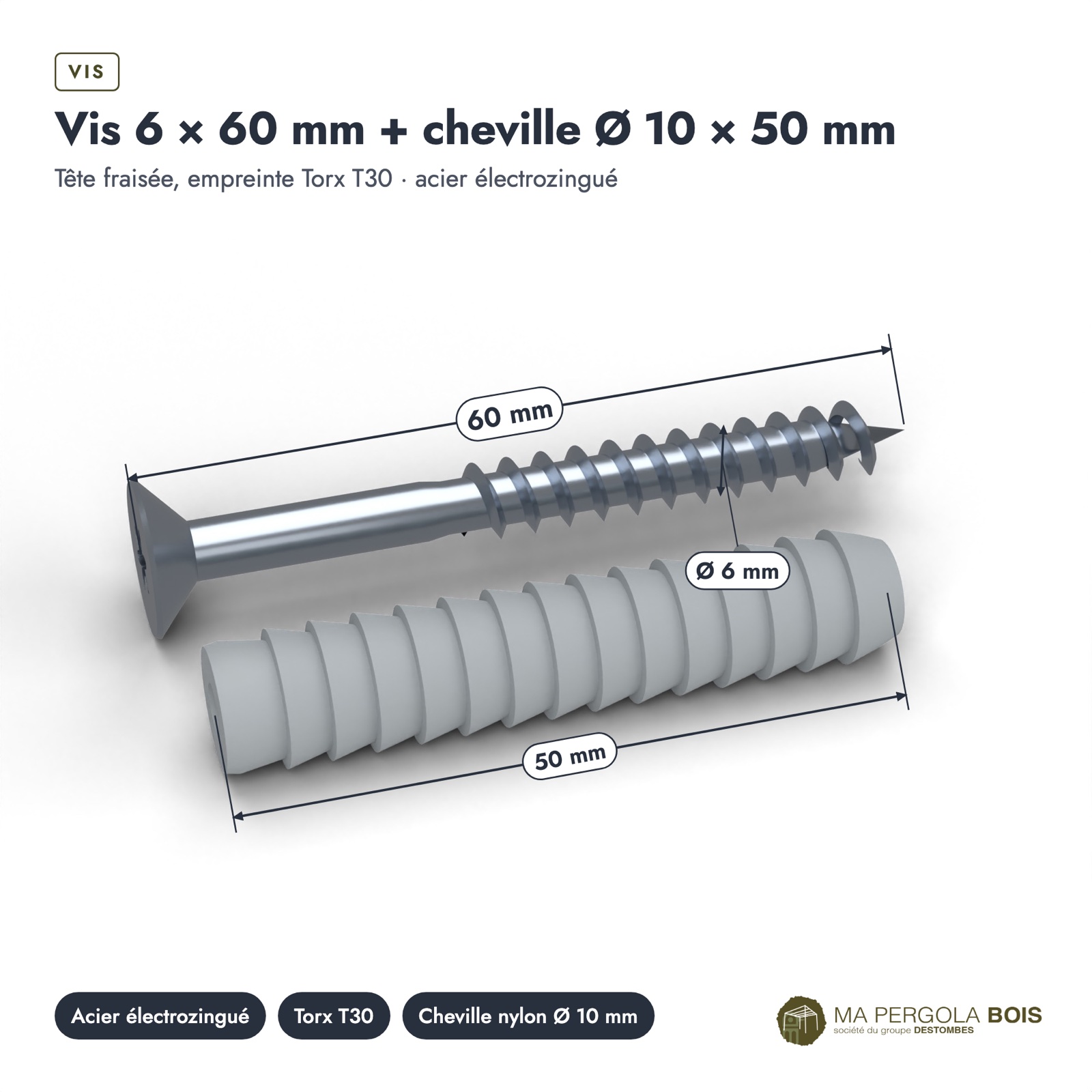 Vis et cheville béton 6x60, vis zinguée T30 et cheville Ø 10, boîte de 200 : piece cotee