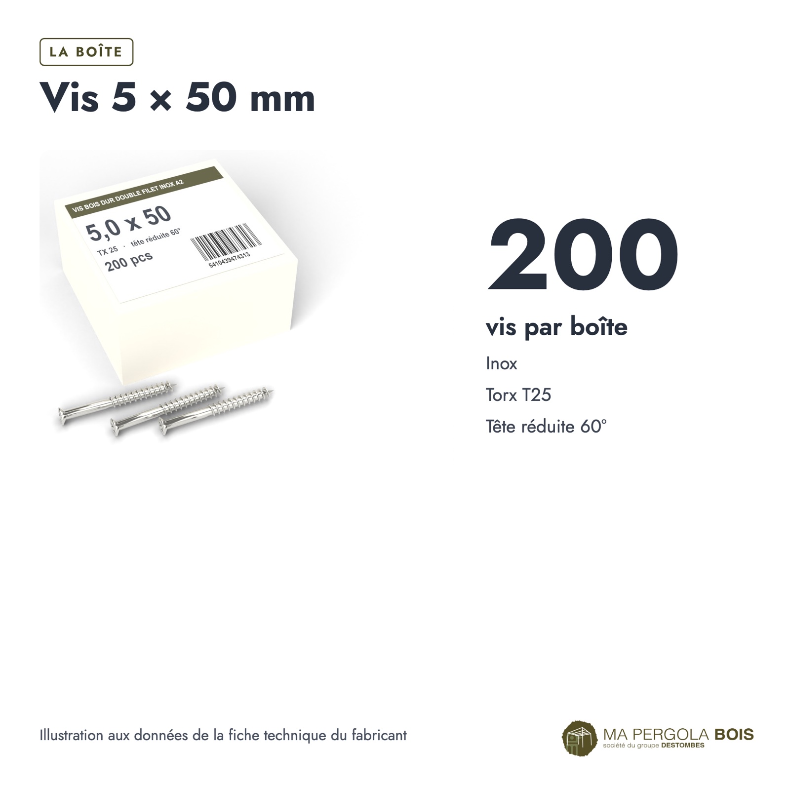 Vis inox platelage A2 5x50 double filet ou 5x60, T25, boîte de 200 : boite ou ensemble