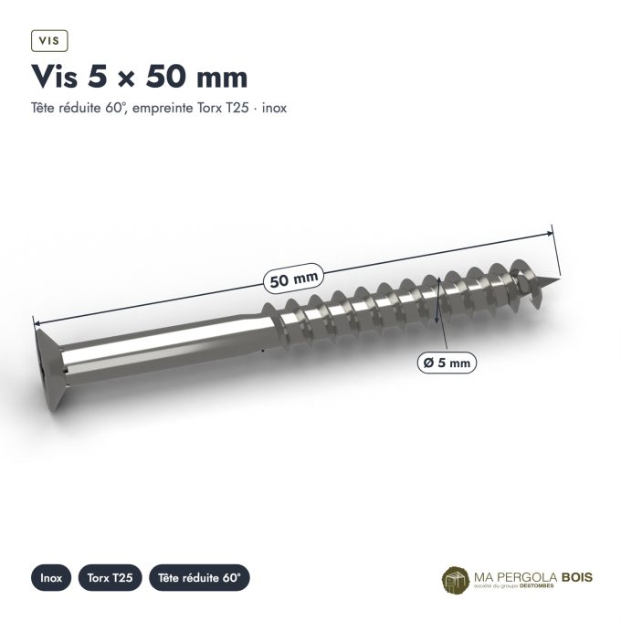 Vis inox platelage A2 5x50 double filet ou 5x60, T25, boîte de 200 : piece cotee