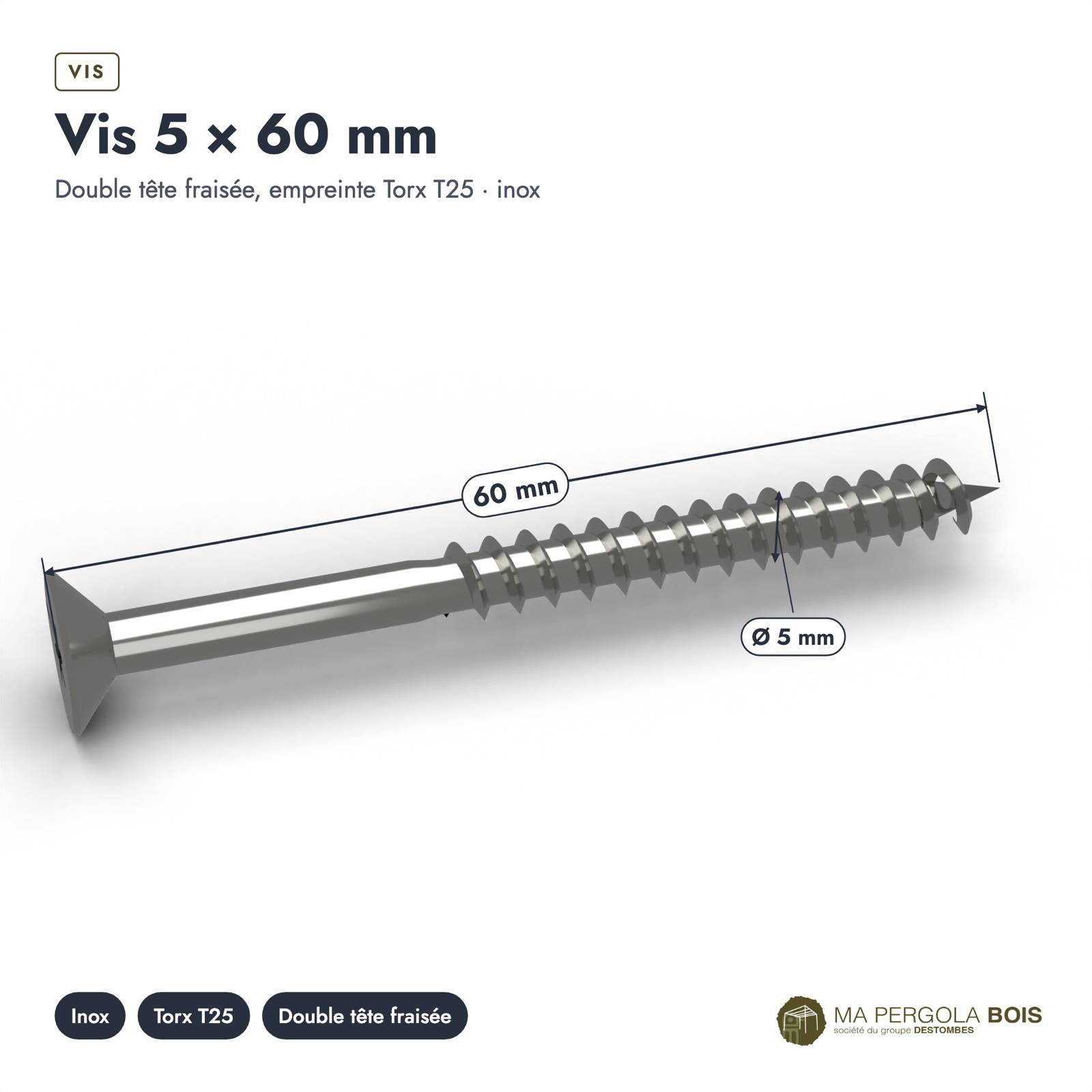 Vis inox platelage A2 5x50 double filet ou 5x60, T25, boîte de 200 : piece cotee