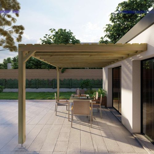 Pergola adossée en bois de pin sylvestre autoclave classe 3, aménagée avec une table et des chaises
