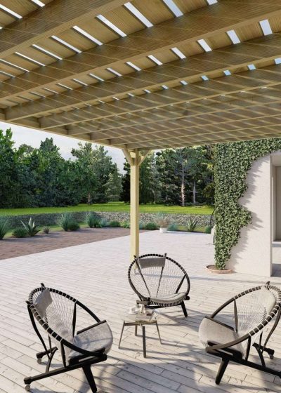 Pergola en bois naturel avec espace salon extérieur, jardin verdoyant et terrasse
