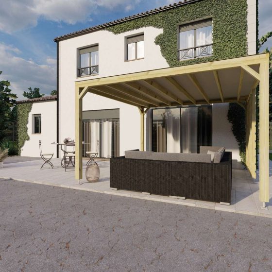 Pergola adossée en bois clair avec salon de jardin et table sur terrasse ensoleillée
