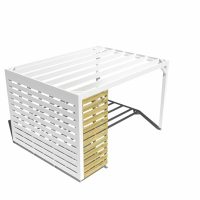 Pergola autoportante blanche avec claustra en bois naturel sur un côté